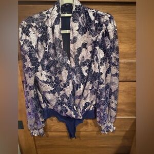 Fate Floral Lace Wrap Blouse - Black and White